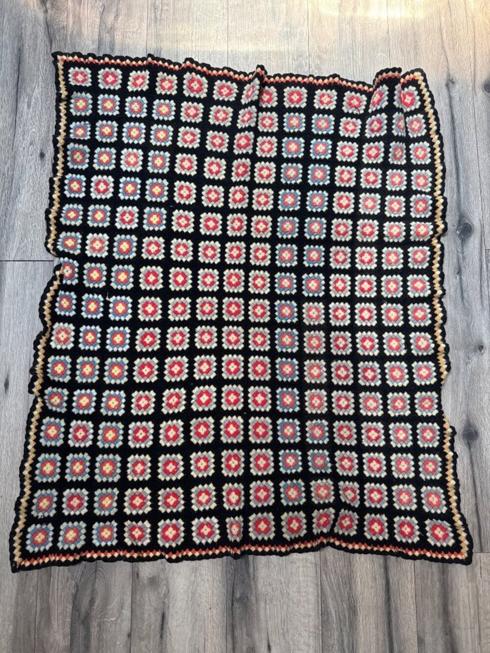 Vintage Crochet Granny Square Blanket Throw 48"x38" Black Multicolor Handmade Af